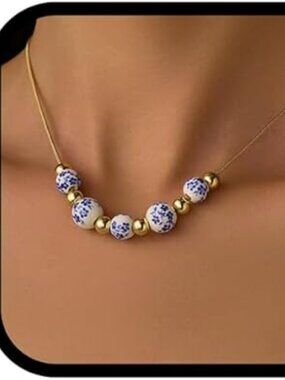 NEW Blue And White Necklace 14k Gold Plated Chain & Ceramic Beads Blue Pattern